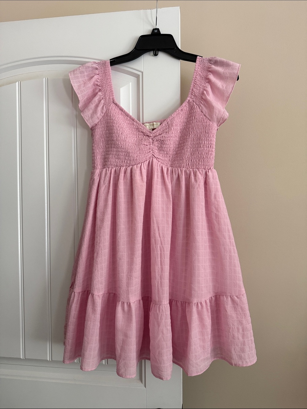 Pink Smocked Babydoll Dress Medium Coquette Cottagecore Ruffle Mini Dress
